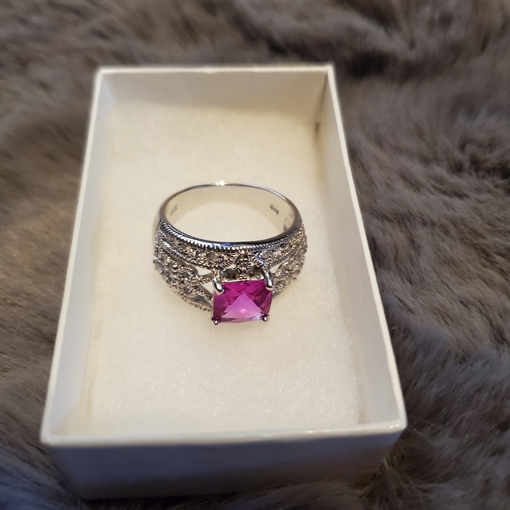 Lab Created Pink Sapphire w/28 CZ SS Ring, Sz 9 - Picture 5 of 12